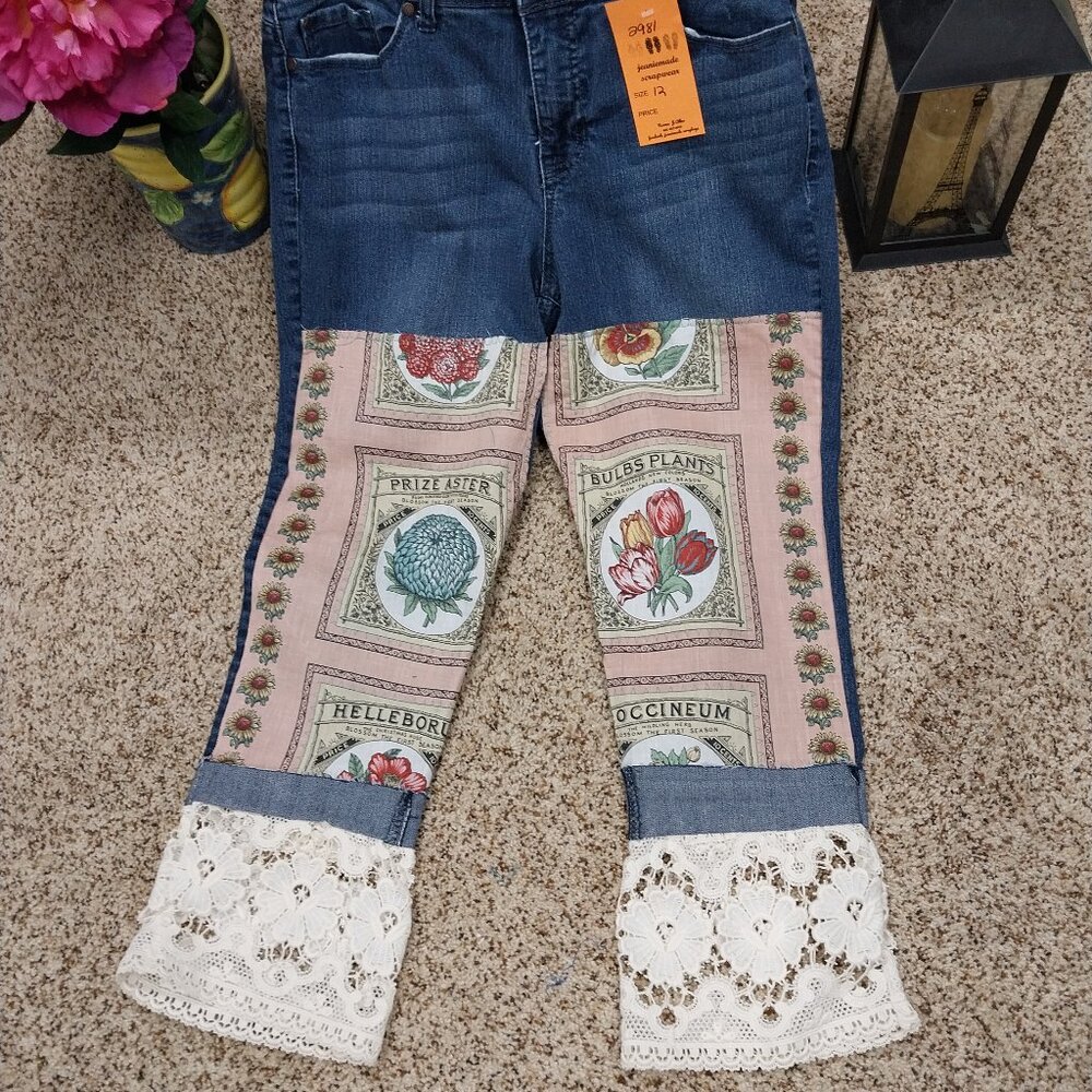 Bandolino Blue Denim Ankle Jeans with Pink Floral Panel & White Lace Cuffs
